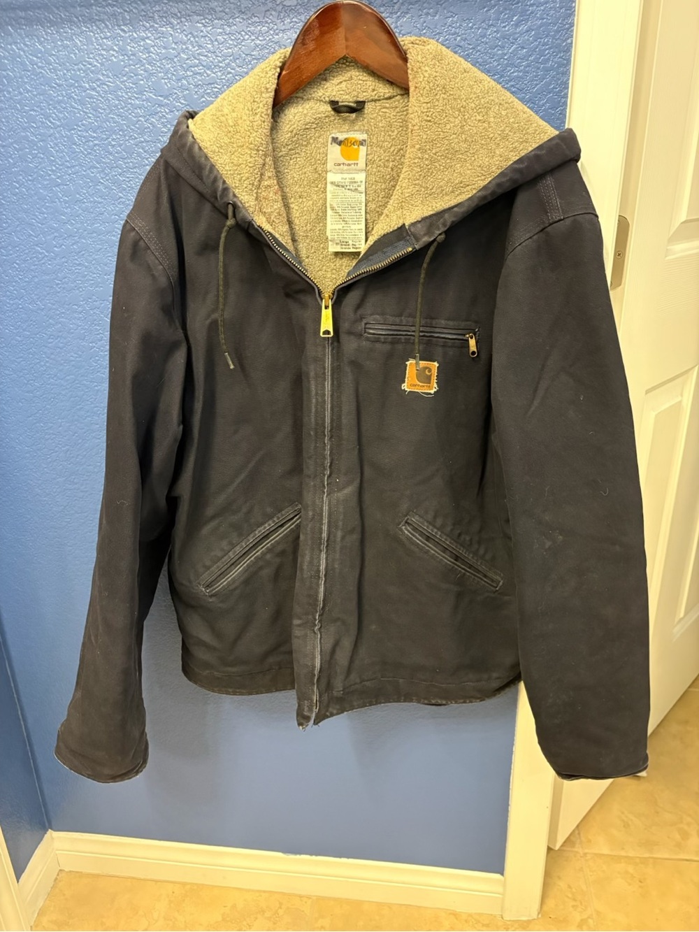 Carhartt Men’s Black Hooded Sherpa-Lined Work Jacket with Tan Lining